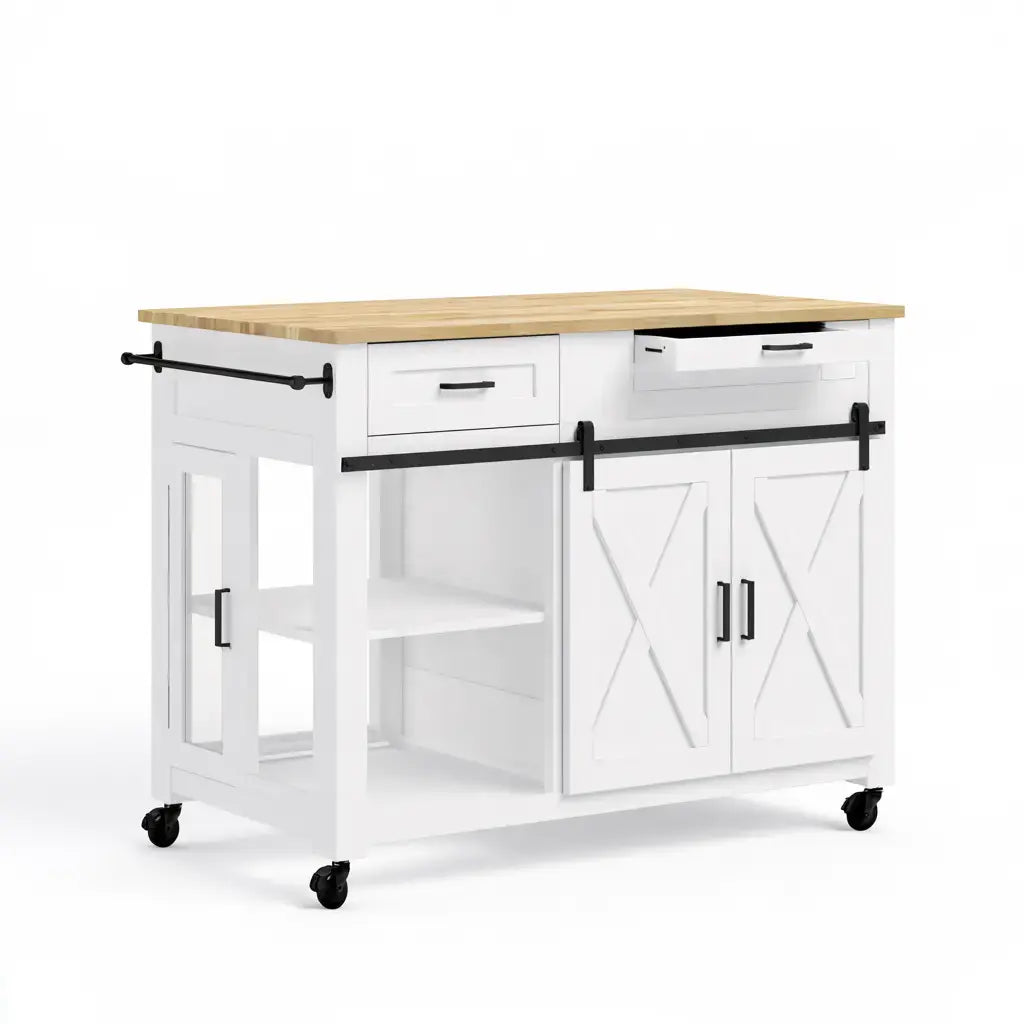 Isla de cocina con cajones superiores y puertas cruzadas - blanco/beige