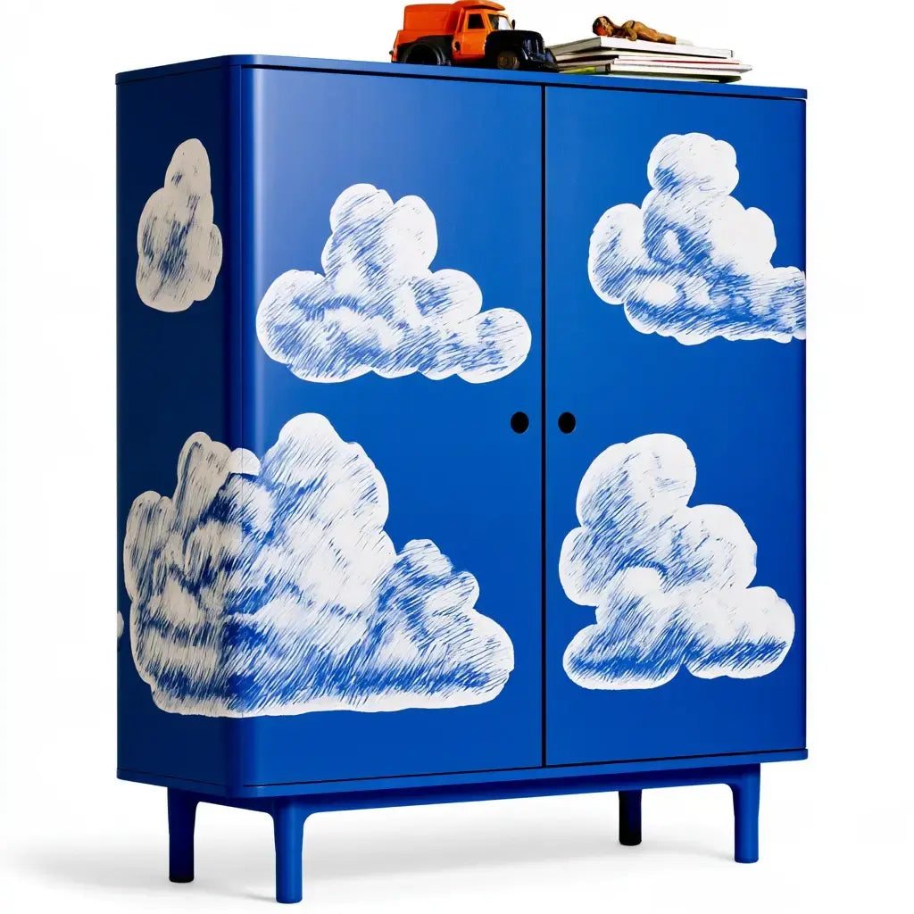 Aparador con puertas estampadas de nubes - azul/blanco
