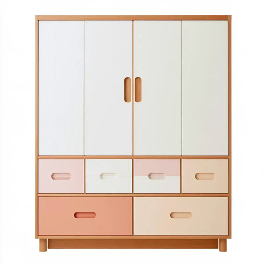 Armario con puertas lisas y cajones contrastados - blanco/rosa/beige