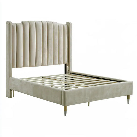 Cama con cabecero acanalado y somier visible - beige