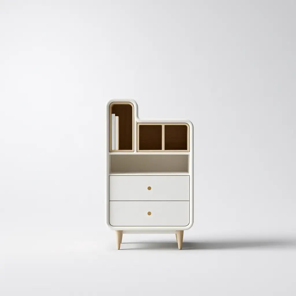 Aparador con estantes asimétricos y cajones bajos - beige/blanco