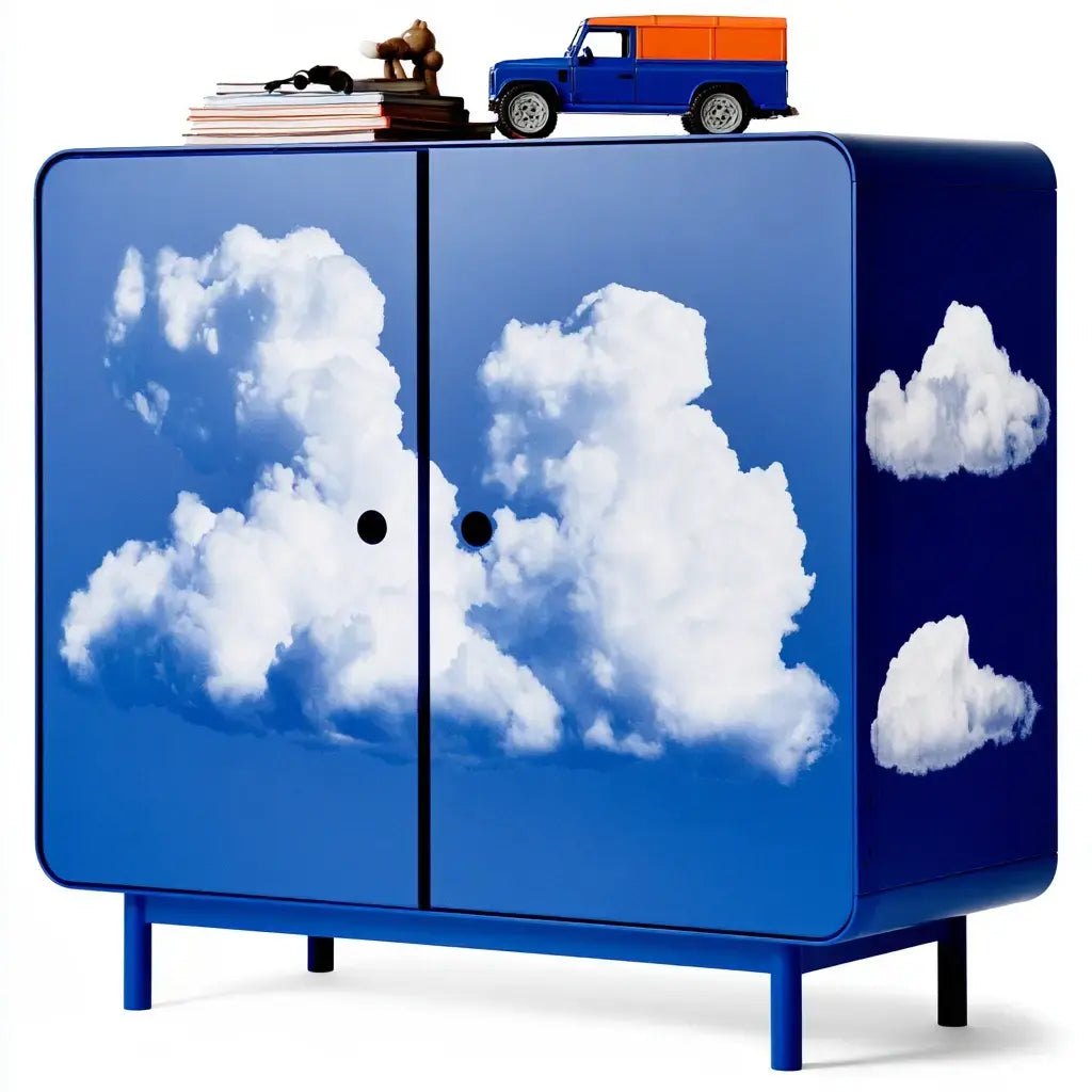 Aparador con puertas estampadas de nubes - azul/blanco